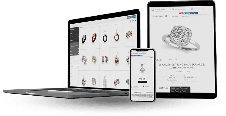 GemFind DiamondLink and RingBuilder on laptop, phone, and tablet